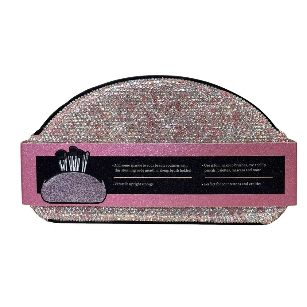 Glitz & Glam Pink Rhinestone Makeup Brush Holder Powder Spinge W/Case 2pc Bundle